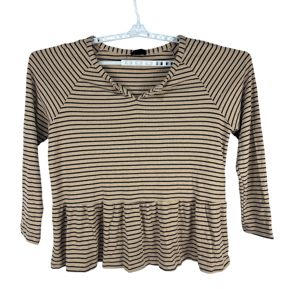 Heyson Womens Striped Peplum Top Size L Beige And Black 34 Sleeve Soft Knit